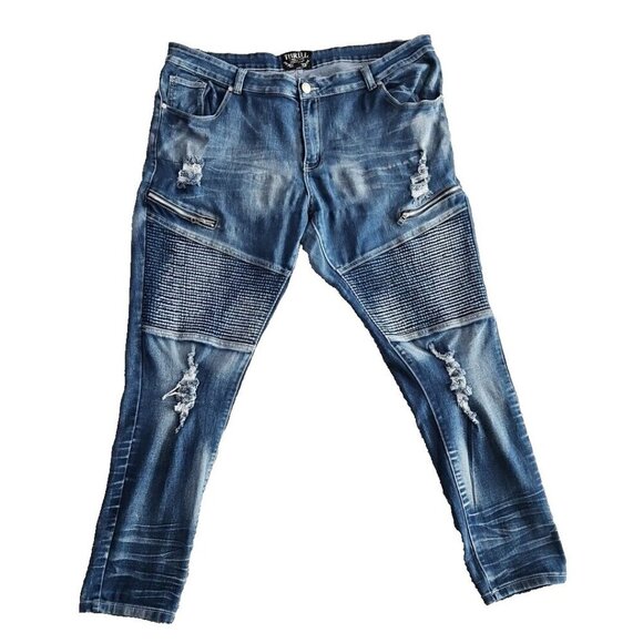 Thrill Jeans Women's Size 24 Medium Wash Denim Distressed Ruche Zippers Stretch - Picture 1 of 16